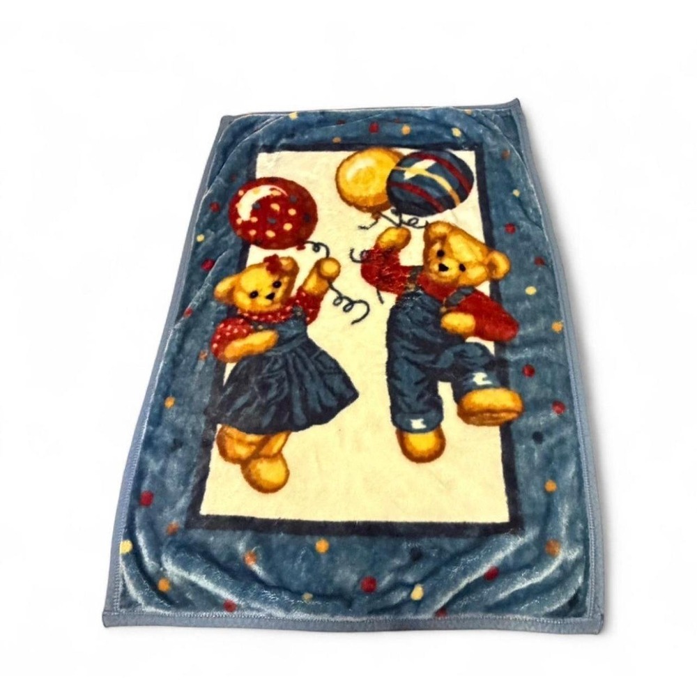 Vintage Baby Jean Teddy Bear Blanket Balloons Blue Plush Crib Nursery 30x40